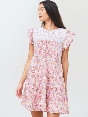 J. Marie Lela Ruffle Sleeve Embroidered Pink Floral Dress Large NWOT